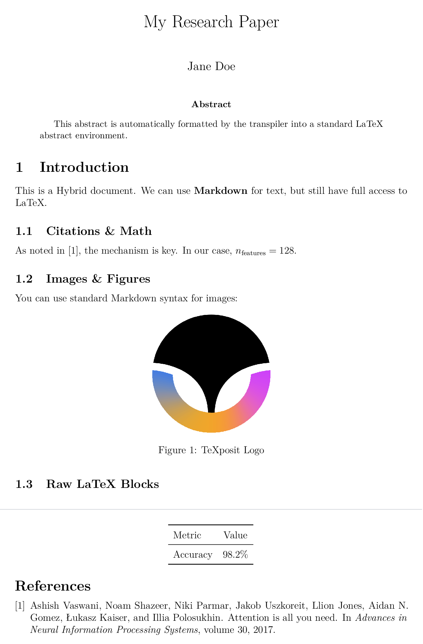PDF output of the hybrid Markdown and LaTeX example, compiled by TeXposit's Pandoc and LaTeX pipeline