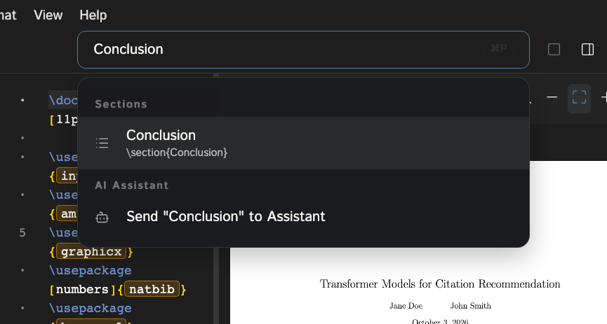The action palette after typing Conclusion, showing the Conclusion section as the top result and a Send to Assistant option below