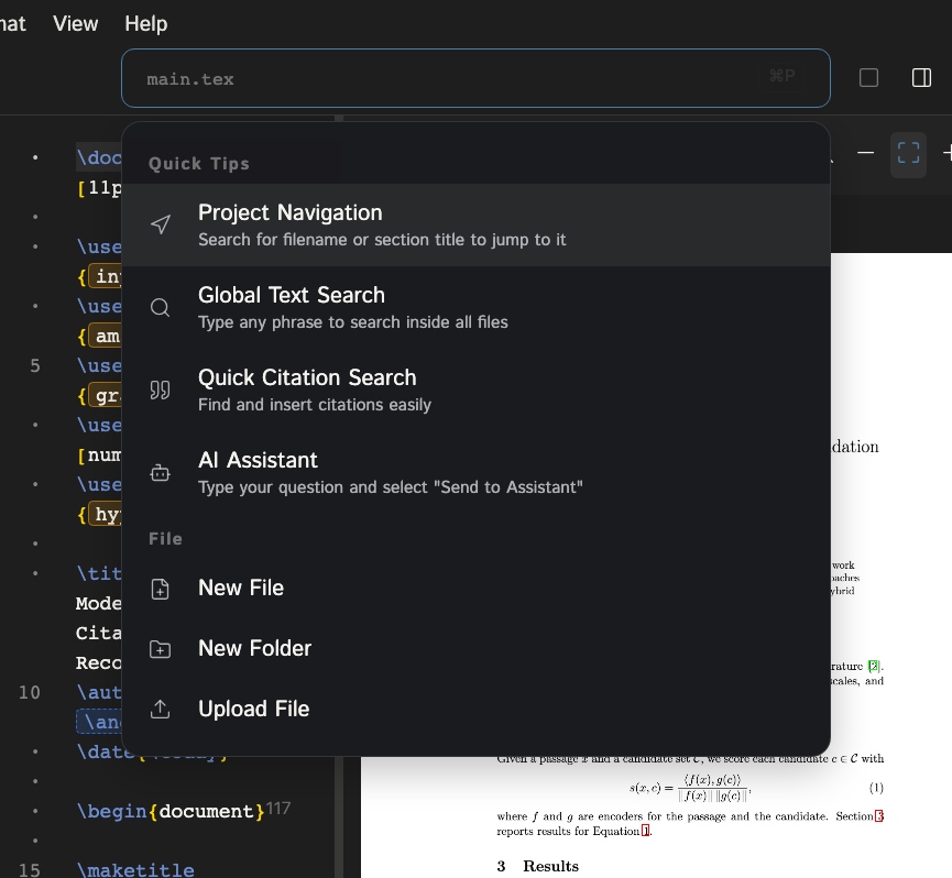 The action palette open with nothing typed, listing Quick Tips (Project Navigation, Global Text Search, Quick Citation Search, AI Assistant) above the File commands