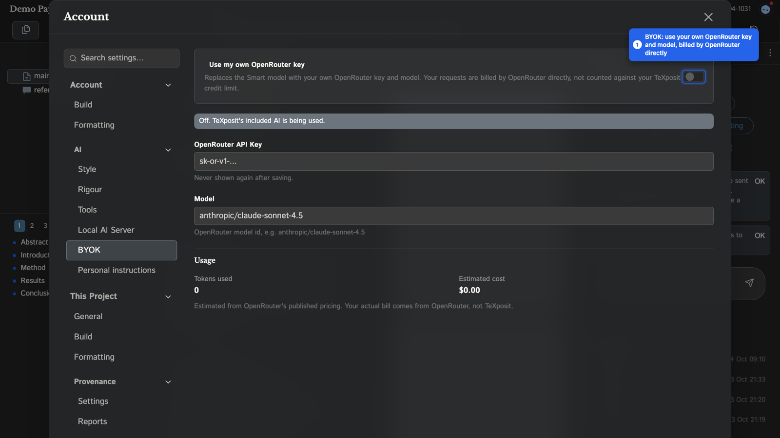 The BYOK tab with the OpenRouter key toggle, API key and model fields and the usage counters