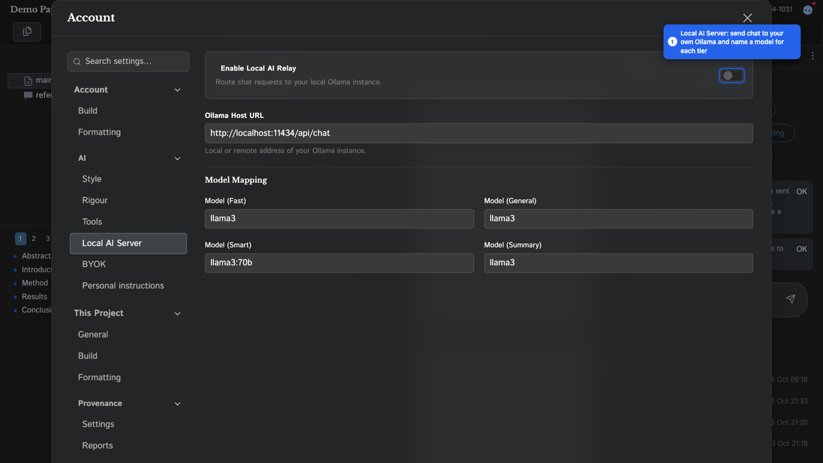 The Local AI Server tab with the relay toggle, the Ollama host URL and a model field for each tier