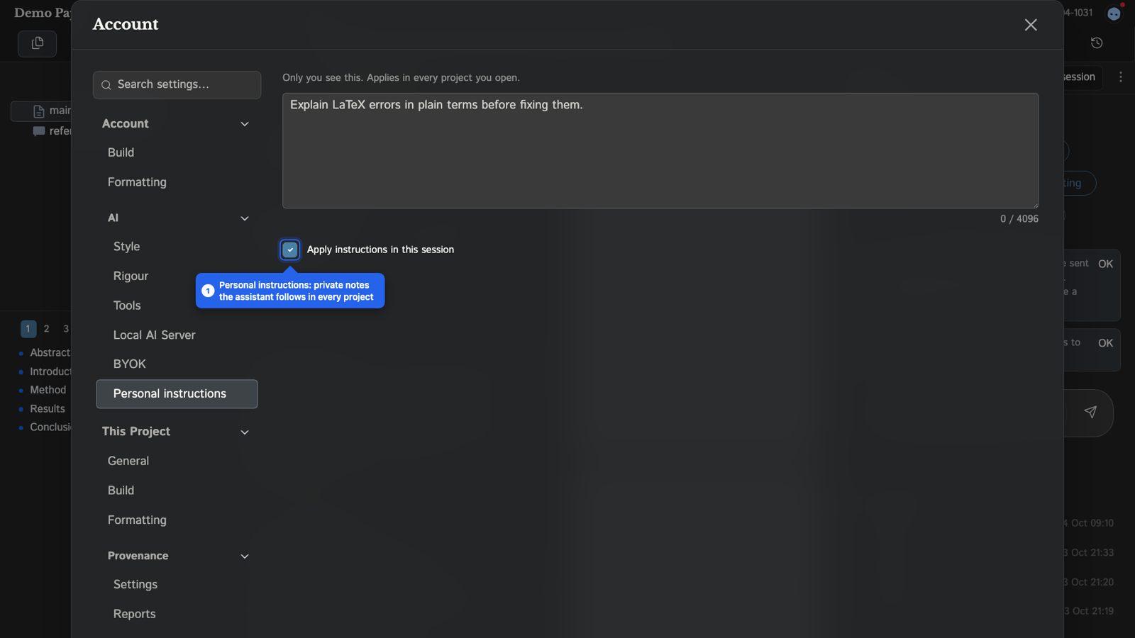 The Personal instructions tab with a text box and the Apply instructions in this session checkbox