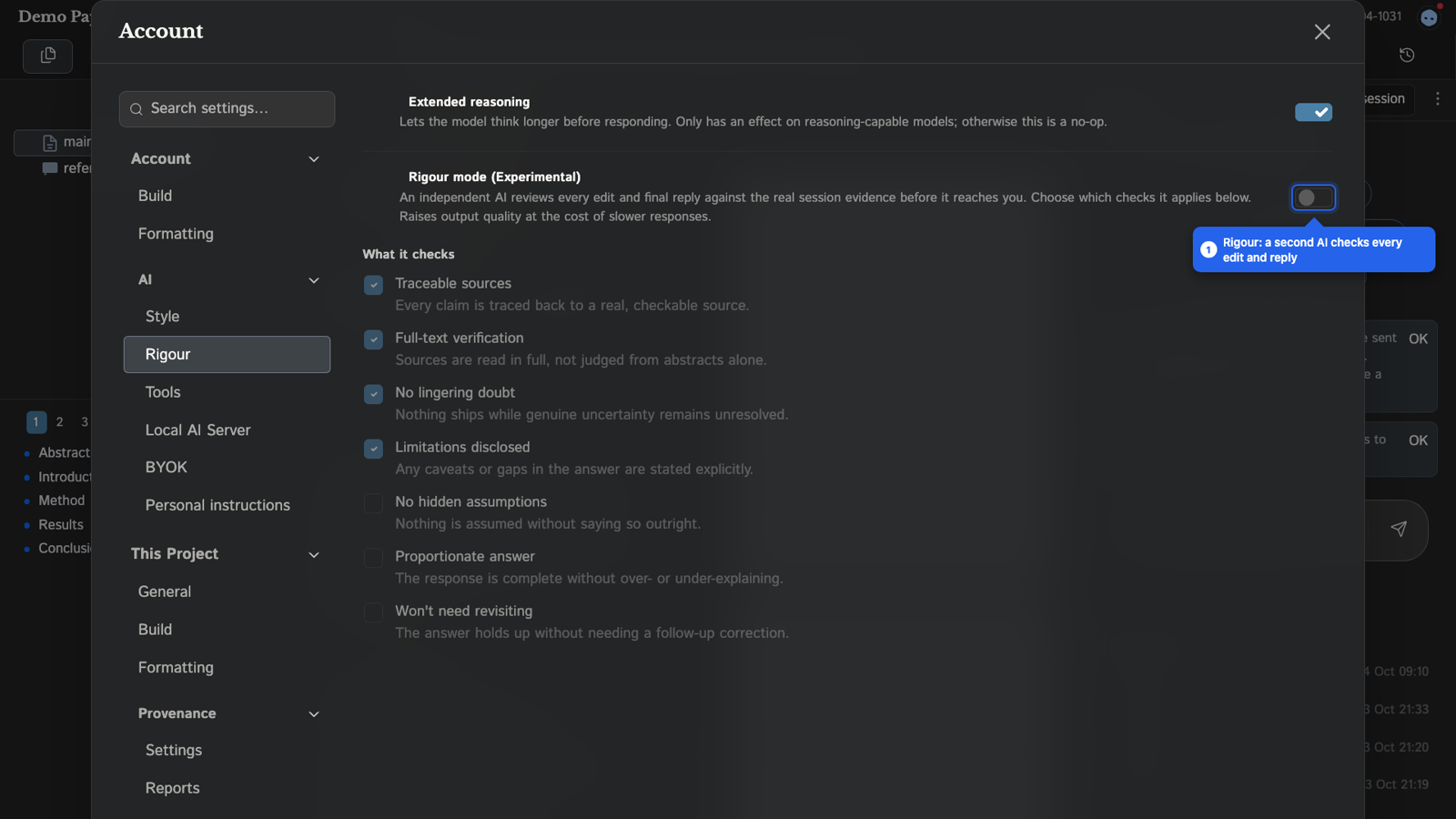 The Rigour tab with the Rigour mode toggle and the list of checks