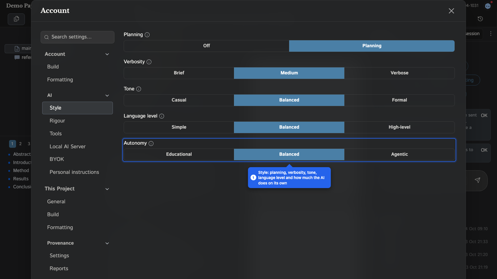 The Style tab of AI Setup with Planning, Verbosity, Tone, Language level and Autonomy selectors