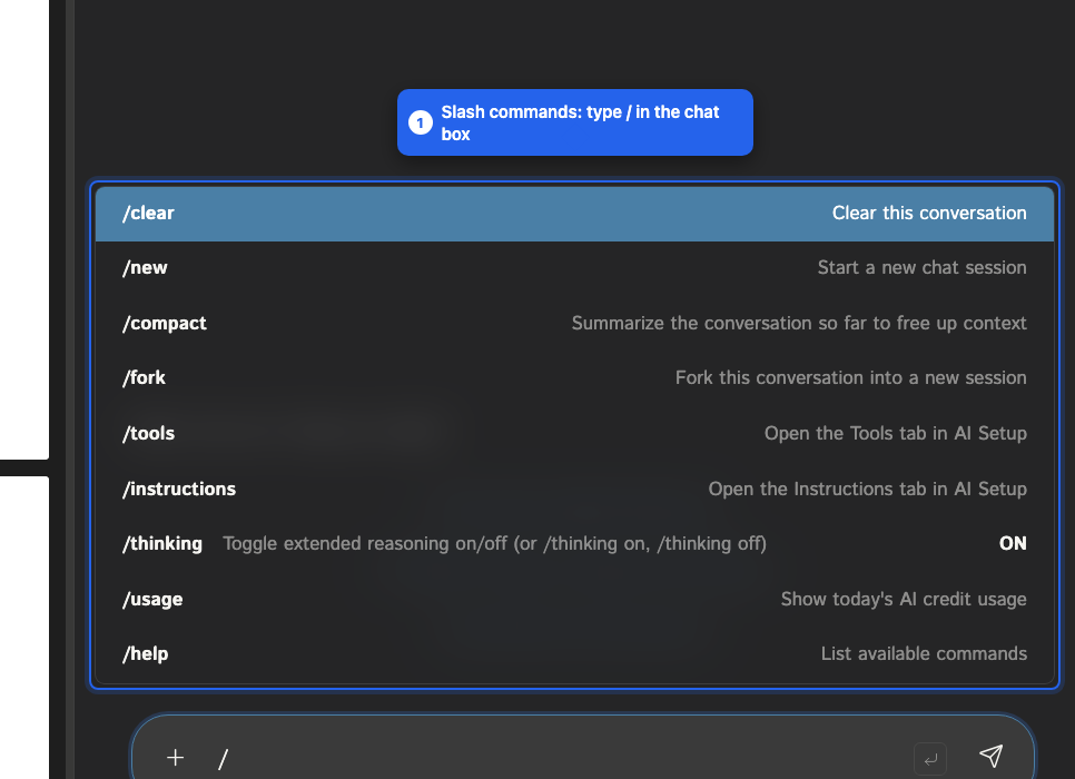 The slash command list that opens when you type a slash in the chat box