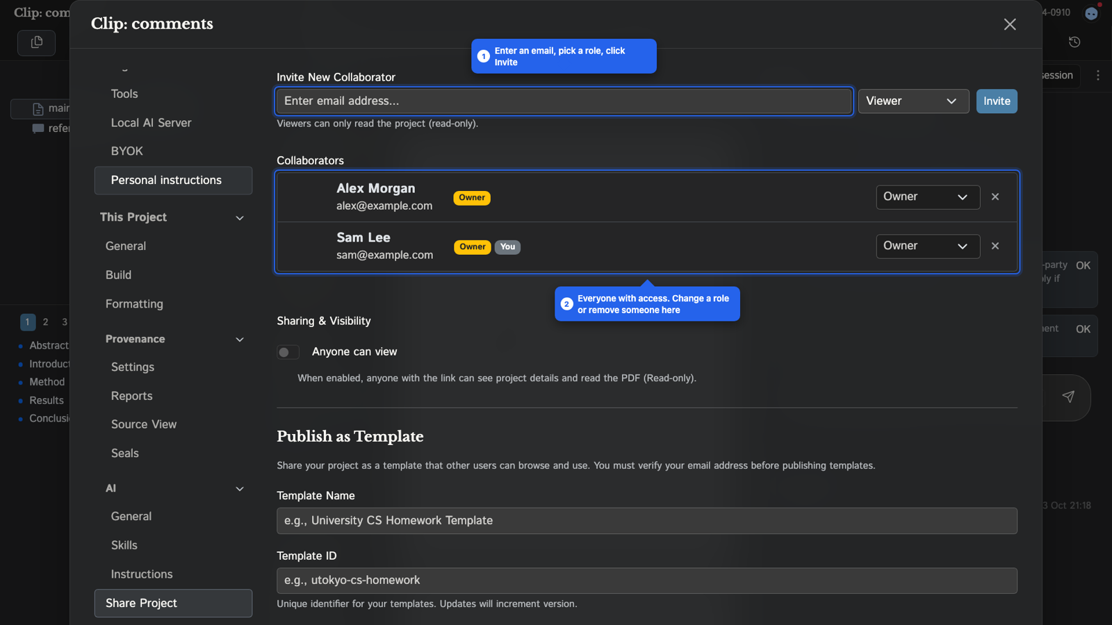 The Share tab of the project settings, with the email field, role picker and Invite button at the top and the Collaborators list below it