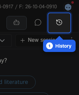 Close-up of the History button, a clock icon at the top right of the editor toolbar