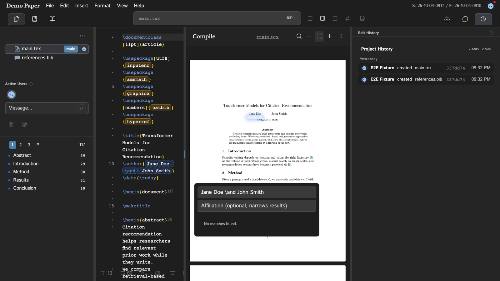 The editor with the Edit History panel open on the right, listing project changes with author, file, short commit id and time