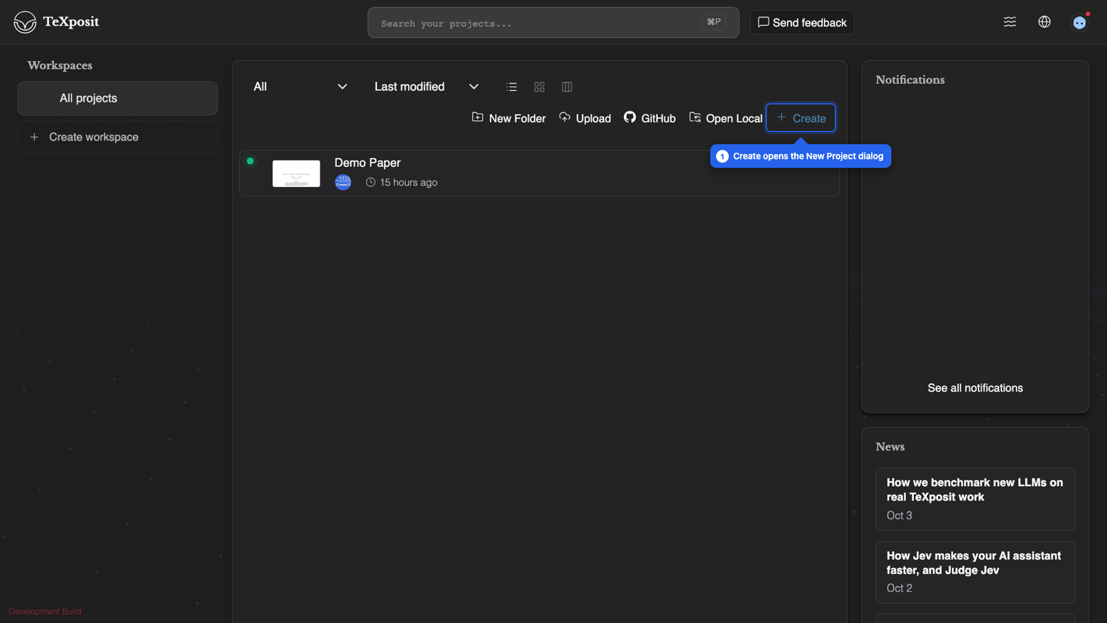 The TeXposit projects page with the Create button highlighted in the toolbar above the project list